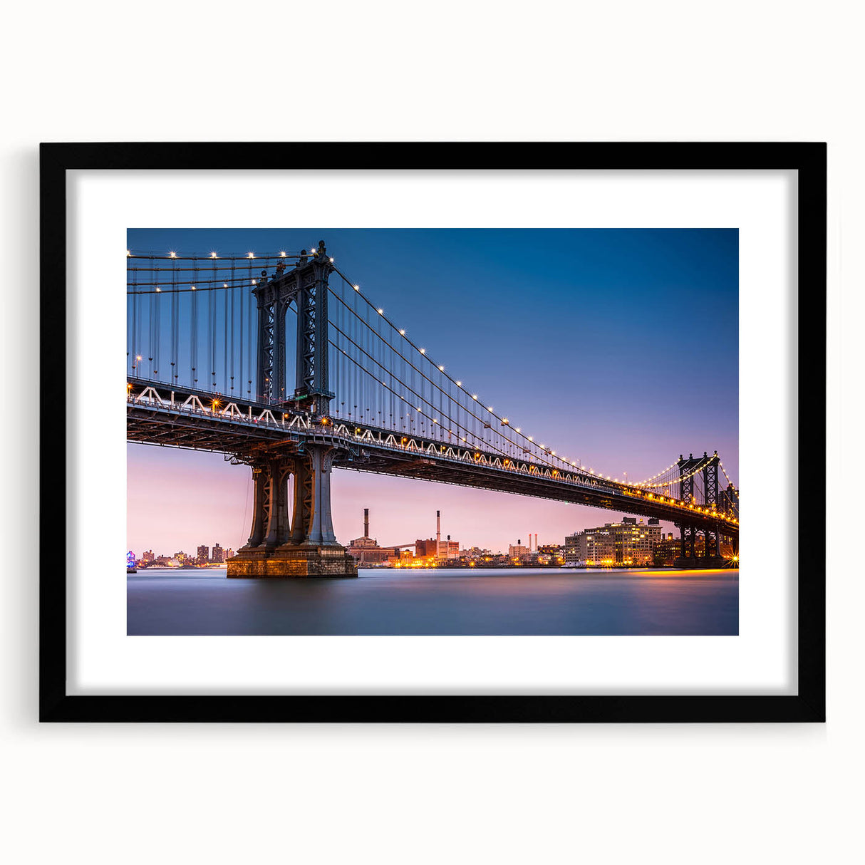 Extra large abstract art print of Manhattan Bridge in vibrant colors on textured canvas, ideal for living room decor.