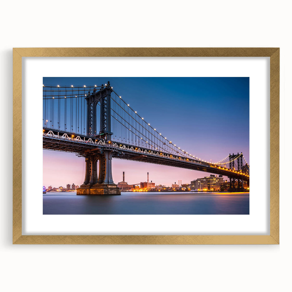Extra large wall art of the Manhattan Bridge in textured gray and blue tones, framed in gold, ideal for living room decor.