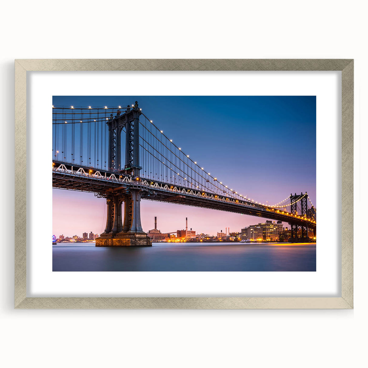 Textured art print of the Manhattan Bridge in muted gray and blue tones on a framed canvas, suitable for bedroom decor.