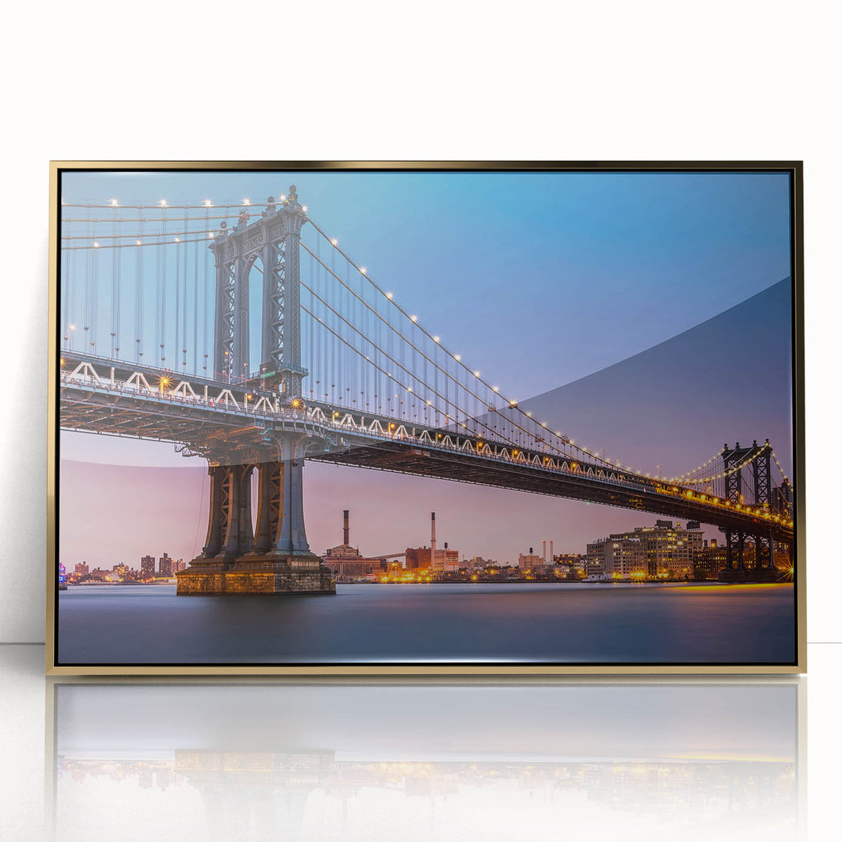Large art print of the Manhattan Bridge in muted gray and blue tones on a framed acrylic, ideal for modern art wall decor.