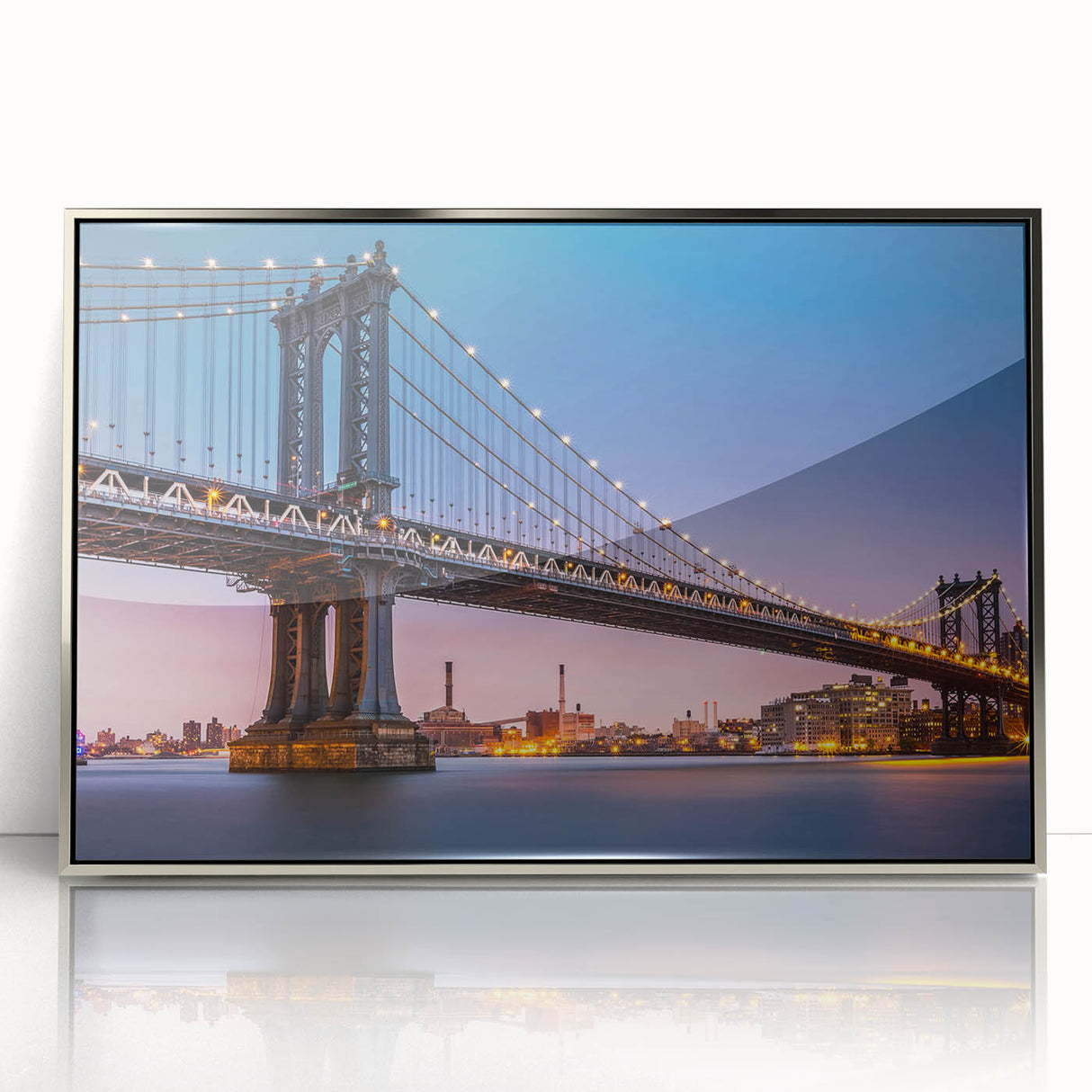 Mid-century modernist art of the Manhattan Bridge in muted gray tones on a framed acrylic print.