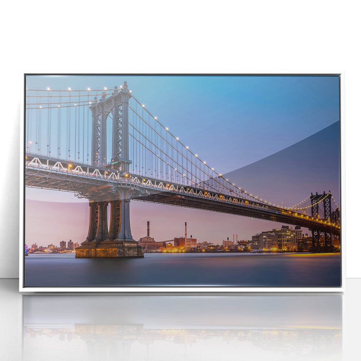 Acrylic print of the Manhattan Bridge in art deco style, featuring muted gray and blue tones.