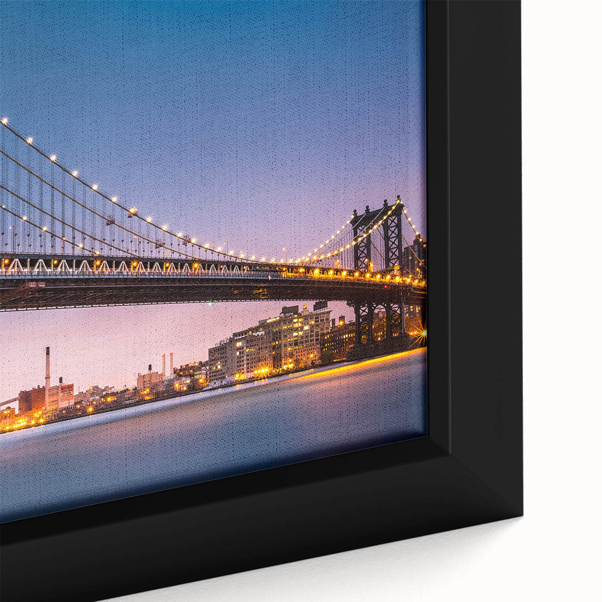Black wall art depicting the Manhattan Bridge in textured style with colorful accents on a large framed canvas.