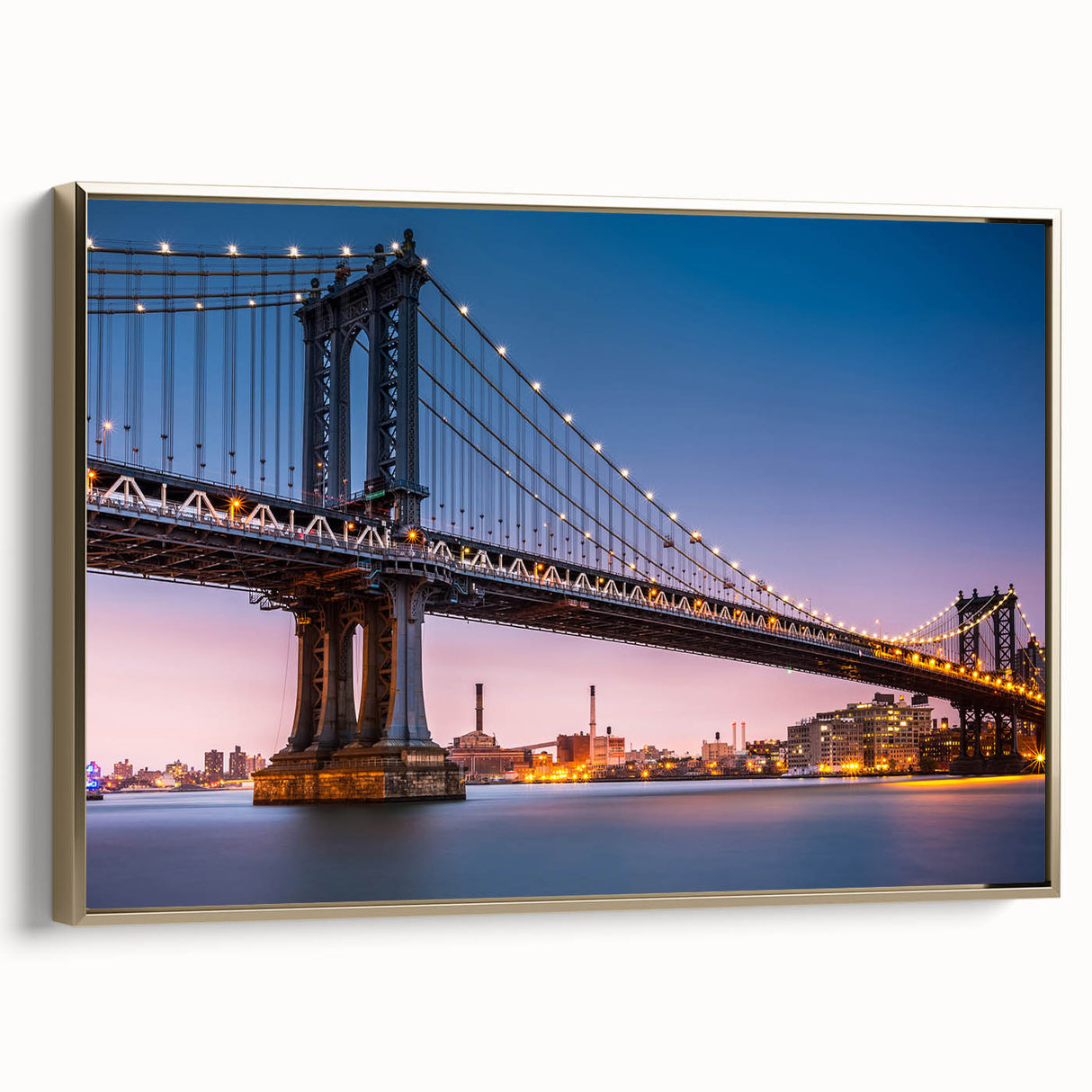 Framed canvas of the Manhattan Bridge in a vintage poster style, featuring a monochrome black palette.