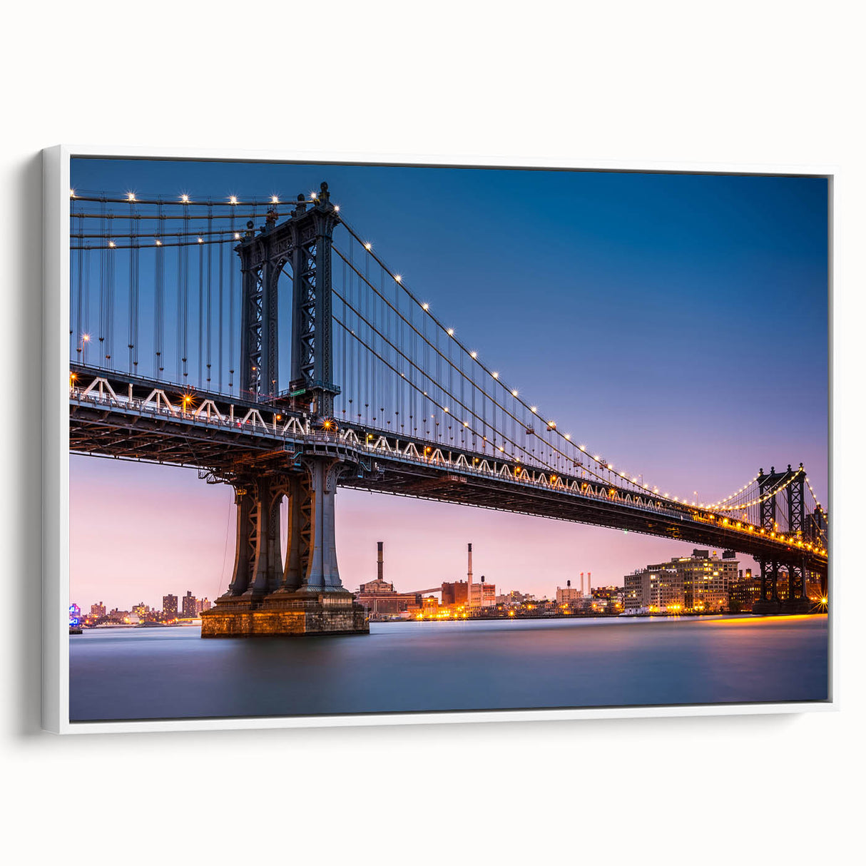Vintage poster art of Manhattan Bridge in muted grays and blues on a large framed canvas, ideal for living room decor.