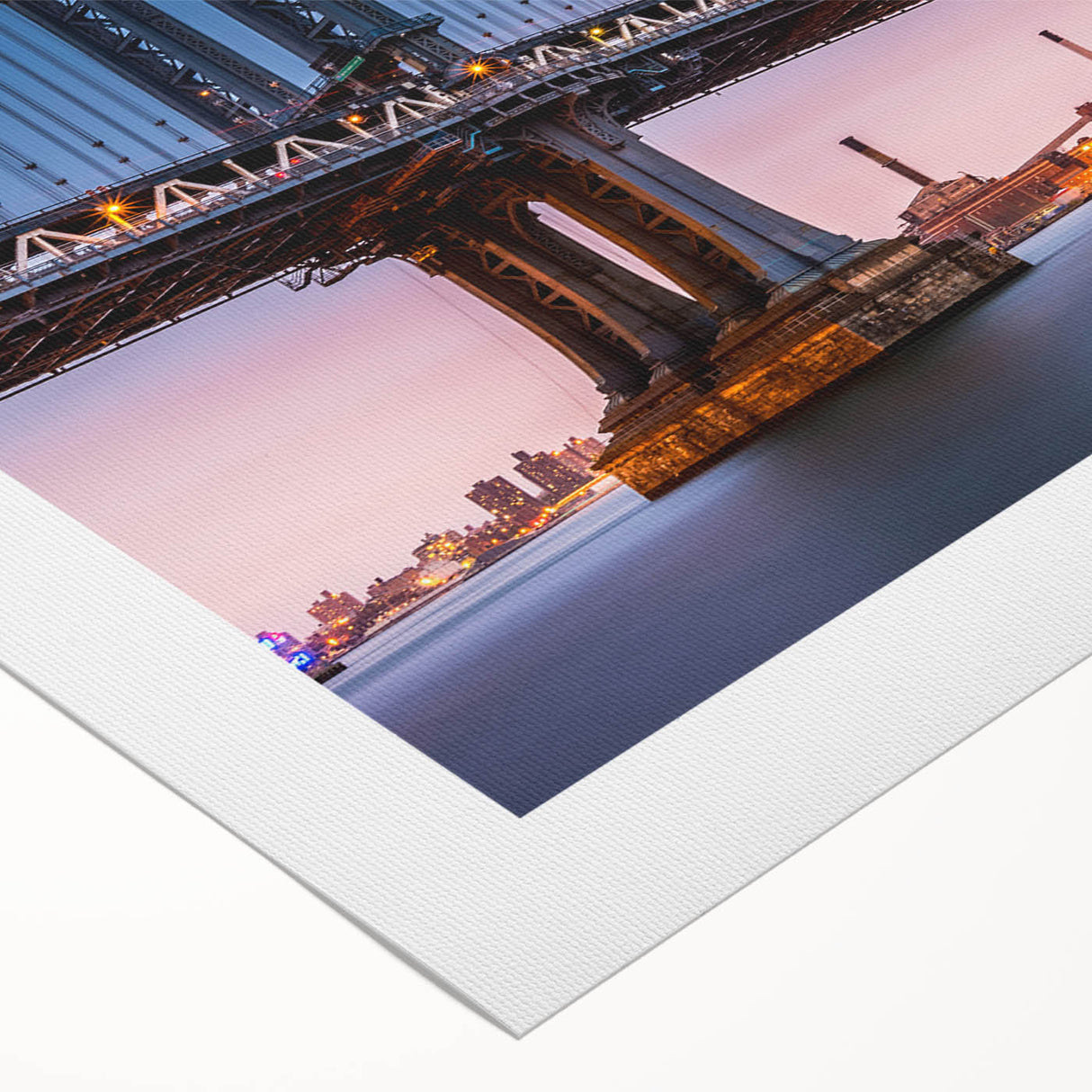 Art deco poster of Manhattan Bridge in monochrome shades on rolled canvas, suitable for dining room wall art.
