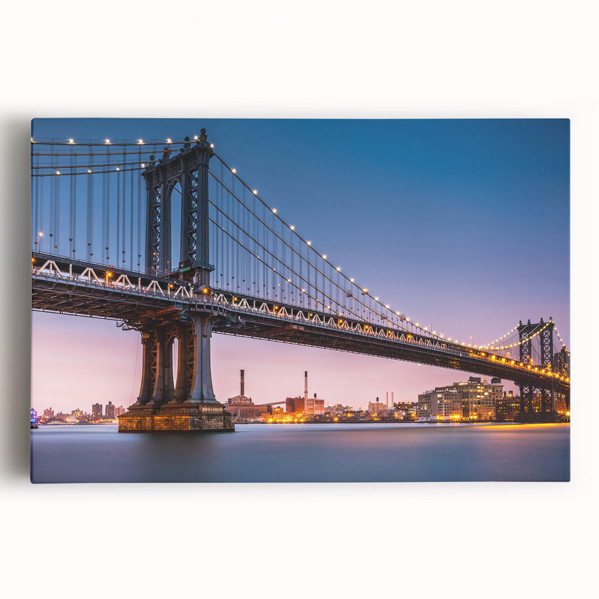 Black and white photo of the Manhattan Bridge on stretched canvas, ideal for kitchen wall art.