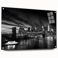 Acrylic print of Manhattan skyline in muted gray and blue tones, ideal for modern bedroom or dining room decor.