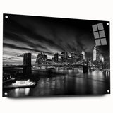 Acrylic print of Manhattan skyline in muted gray and blue tones, ideal for modern bedroom or dining room decor.