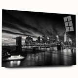 Acrylic print of a large abstract Manhattan skyline in muted blue and gray tones, suitable for bedroom or dining room decor.