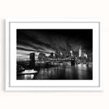 Abstract art print of Manhattan skyline in muted gray and blue tones on a framed poster, ideal for dining room decor.