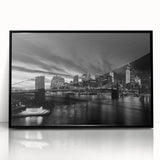 Large abstract wall art of Manhattan skyline in black and gray tones on a framed acrylic, suitable for modern art wall decor.