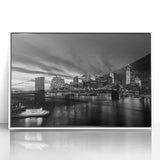Art deco poster of Manhattan skyline in black and white on framed acrylic, suitable for modern art wall decor.
