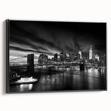 Black and white wall art of the Manhattan skyline, framed canvas, ideal for bedroom decor.