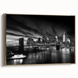 Framed canvas featuring a vintage-style Manhattan skyline in black and gold tones, ideal for bedroom wall art.