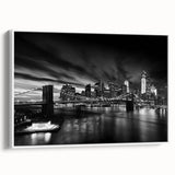 Vintage poster art of Manhattan skyline in colorful hues on extra large framed canvas, ideal for living room decor.