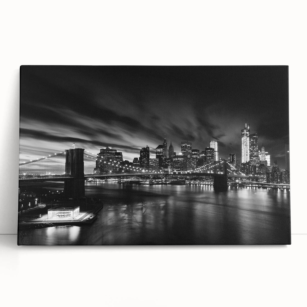 Black and white stretched canvas of Manhattan skyline, ideal for kitchen wall art or bedroom ambiance.
