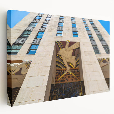 Side view of a stretched canvas featuring a monochrome New York City skyline, suitable for kitchen wall art.