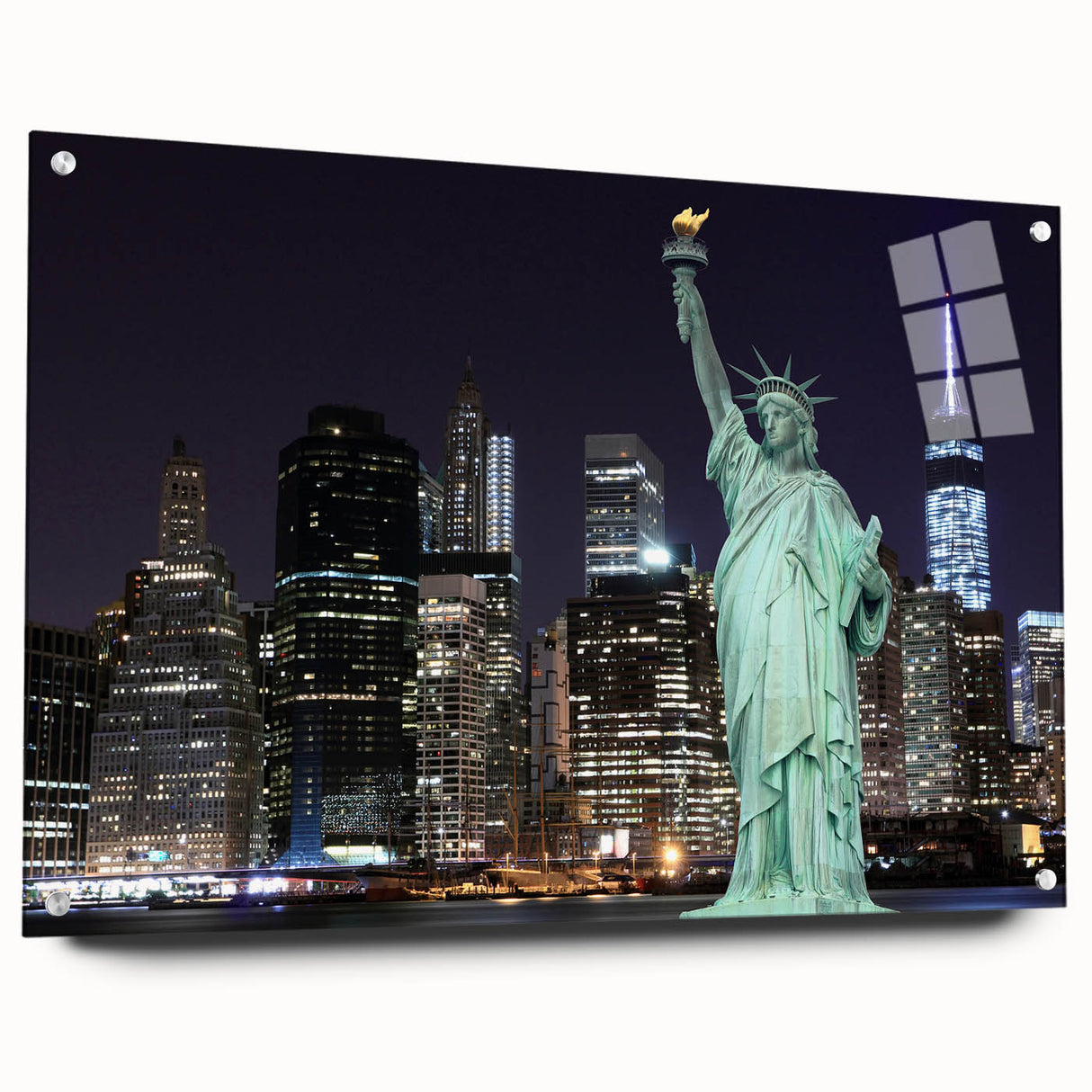 Acrylic print of the Statue of Liberty with a muted color palette, suitable for dining room decor.