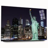 Side view of a large acrylic glass print featuring the Statue of Liberty in muted green and blue tones.