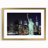 Extra large textured art print of the Statue of Liberty in abstract style, with muted gray and blue tones, framed in gold.