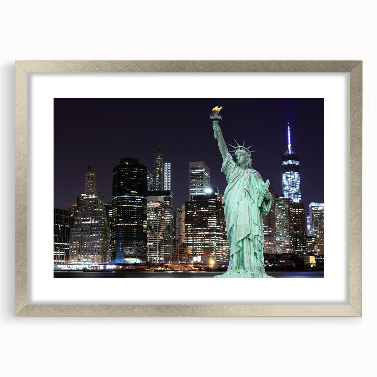 Textured art print of the Statue of Liberty in abstract style, using muted green and gray tones, framed in silver.