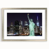 Textured art print of the Statue of Liberty in abstract style, using muted green and gray tones, framed in silver.