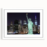 Abstract art print of the Statue of Liberty in muted gray tones on a white framed poster, ideal for dining room decor.