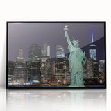 Large abstract wall art featuring a stylized New York City skyline with the Statue of Liberty in muted black and gray tones.