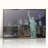 Acrylic print of the Statue of Liberty in muted gold tones, framed, ideal for modern art wall decor.