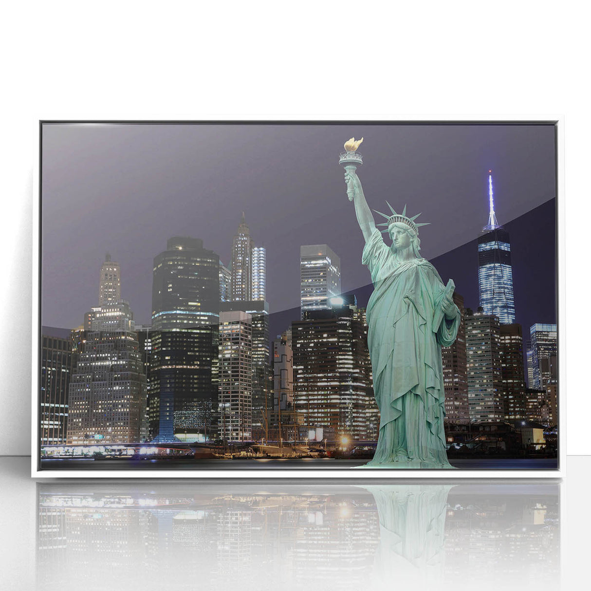 Art deco poster of the Statue of Liberty in muted gray tones on a white framed acrylic, suitable for modern art wall decor.