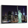 Black and white wall art featuring the Statue of Liberty, printed on a framed canvas, suitable for bedroom decor.