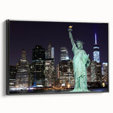 Black and white wall art featuring the Statue of Liberty, printed on a framed canvas, suitable for bedroom decor.