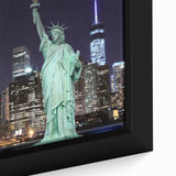 Framed canvas featuring a close-up of the Statue of Liberty in textured black with colorful art accents.