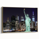 Framed canvas of the Statue of Liberty in black and gold tones, ideal for bedroom wall art.