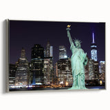 Framed canvas of New York City landscape featuring the Statue of Liberty in muted black and silver tones.