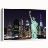 Vintage poster art of the Statue of Liberty in colorful tones on a large framed canvas, ideal for living room decor.
