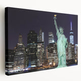 Side view of a large canvas print featuring the Statue of Liberty, set against a muted blue sky, ideal for kitchen wall art.