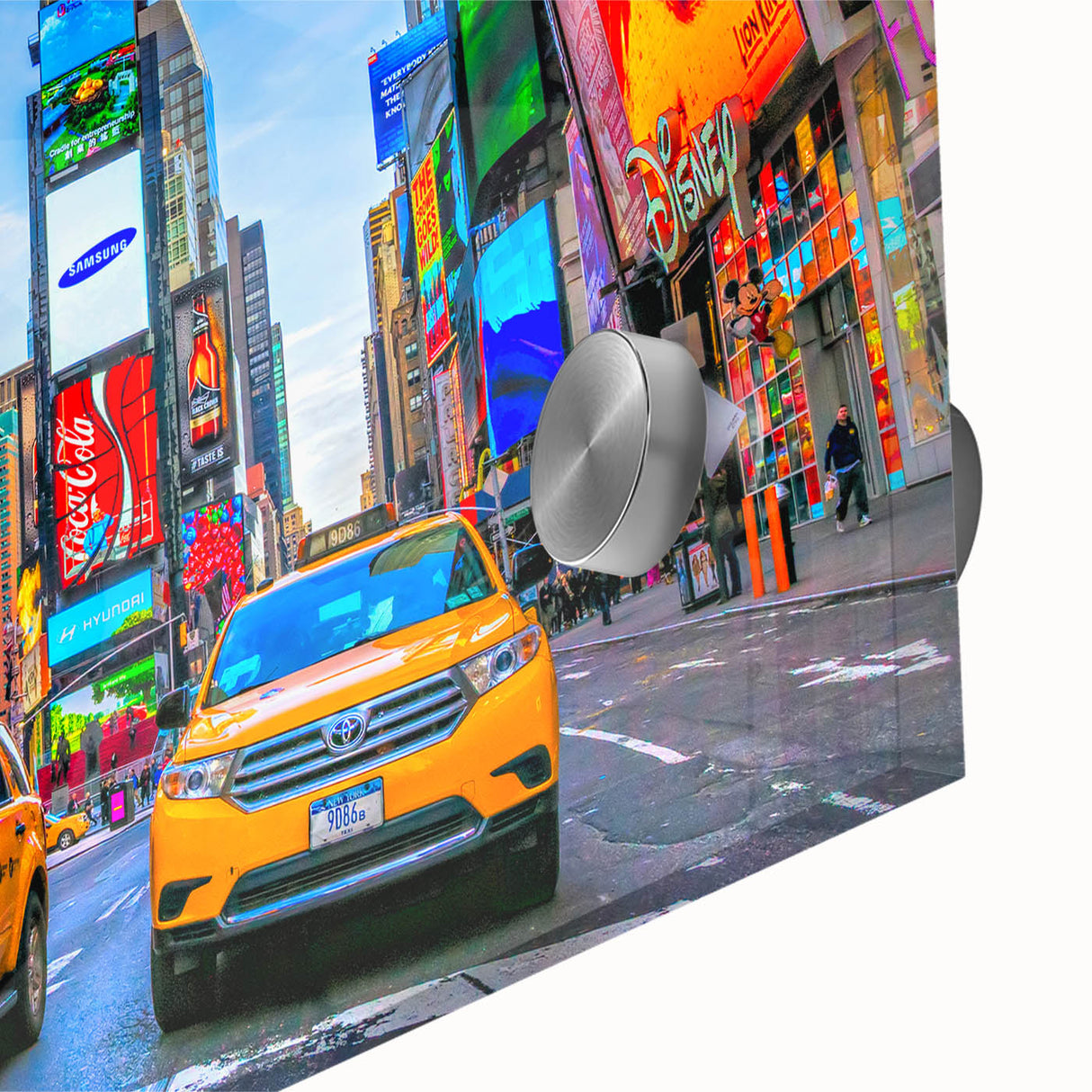 Acrylic print of Times Square with vibrant colors and abstract style, suitable for dining room art.