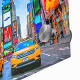 Acrylic print of Times Square with vibrant colors and abstract style, suitable for dining room art.