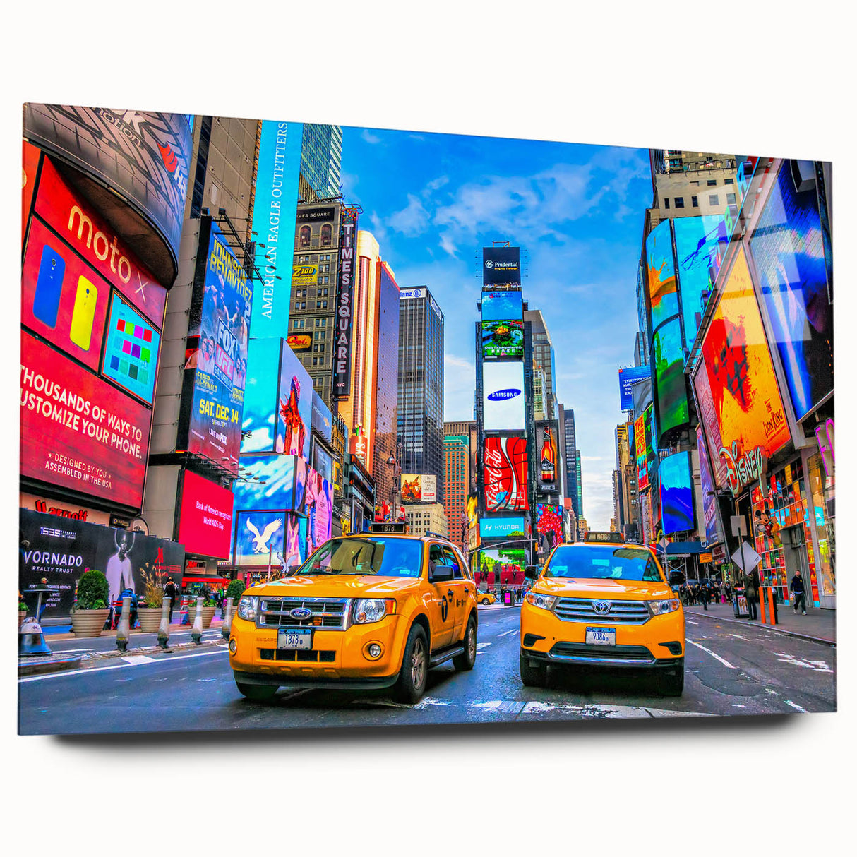 Acrylic glass print of Times Square with vivid colors and abstract design, suitable for bedroom or dining room art.