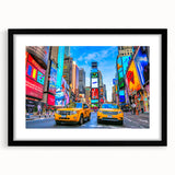 Extra large abstract art print of Times Square with vibrant, colorful textures on a framed black mat.