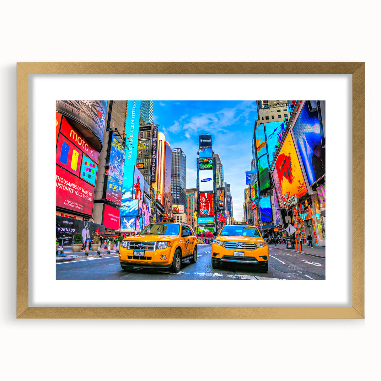 Extra large abstract art print of Times Square with textured details in vibrant colors, framed in gold.