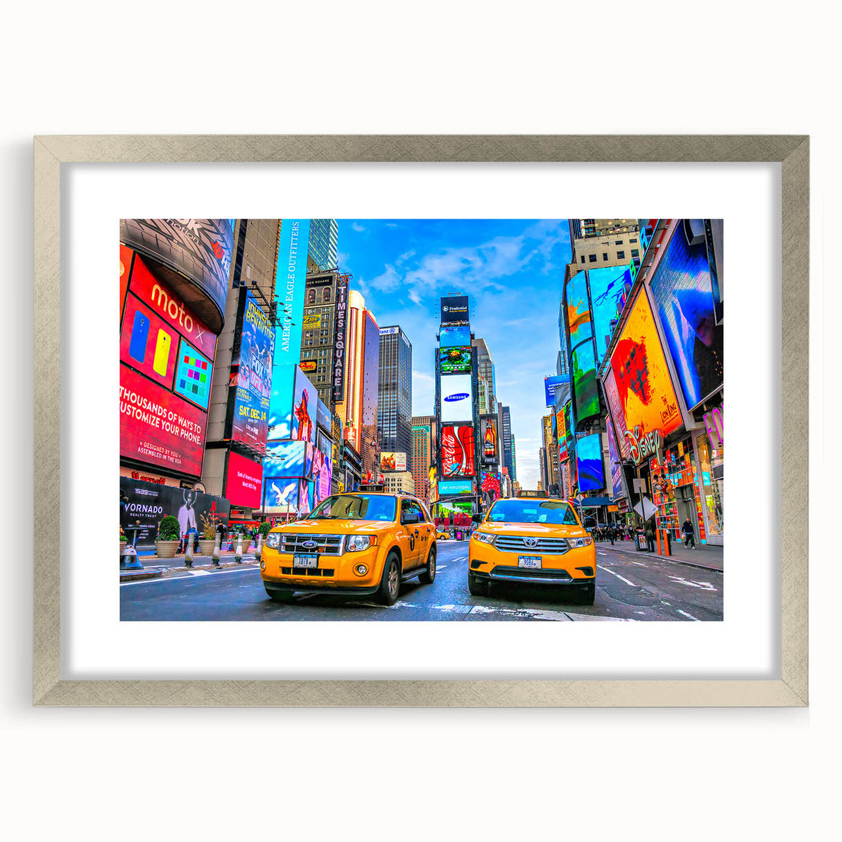Textured art print of NYC Times Square in abstract style with muted gray tones on a silver-framed mat.