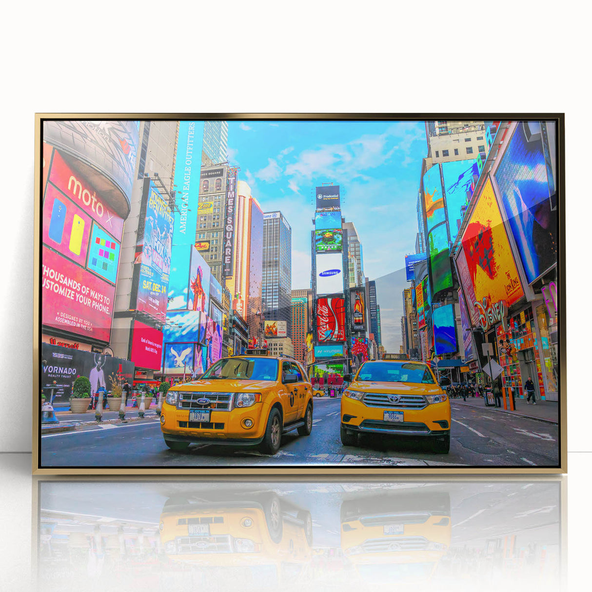 Large art print of Times Square in vibrant colors on a gold-framed acrylic, ideal for modern art wall decor.
