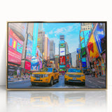Large art print of Times Square in vibrant colors on a gold-framed acrylic, ideal for modern art wall decor.