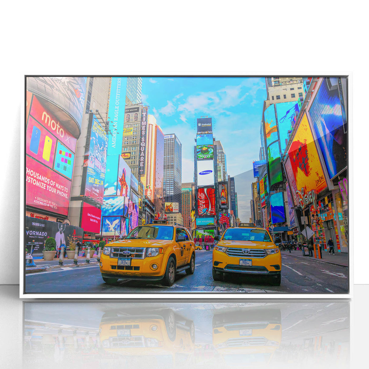 Acrylic print of Times Square with vibrant colors and art deco style, ideal for modern art wall decor.