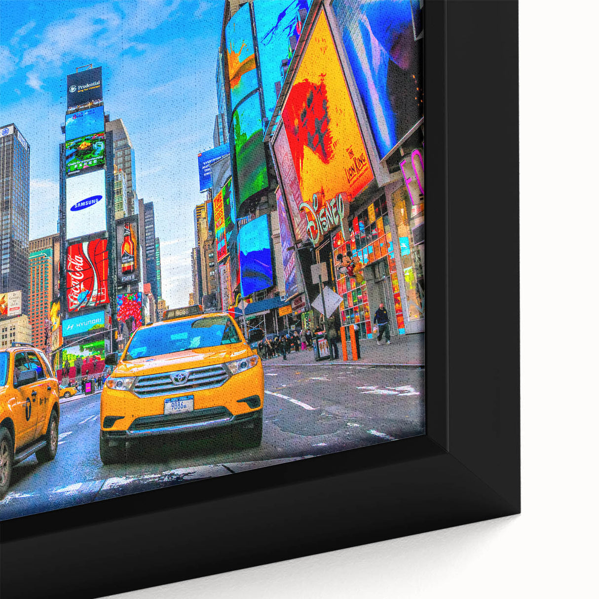 Extra large framed canvas of Times Square with textured, colorful art on a black background, suitable for living room decor.