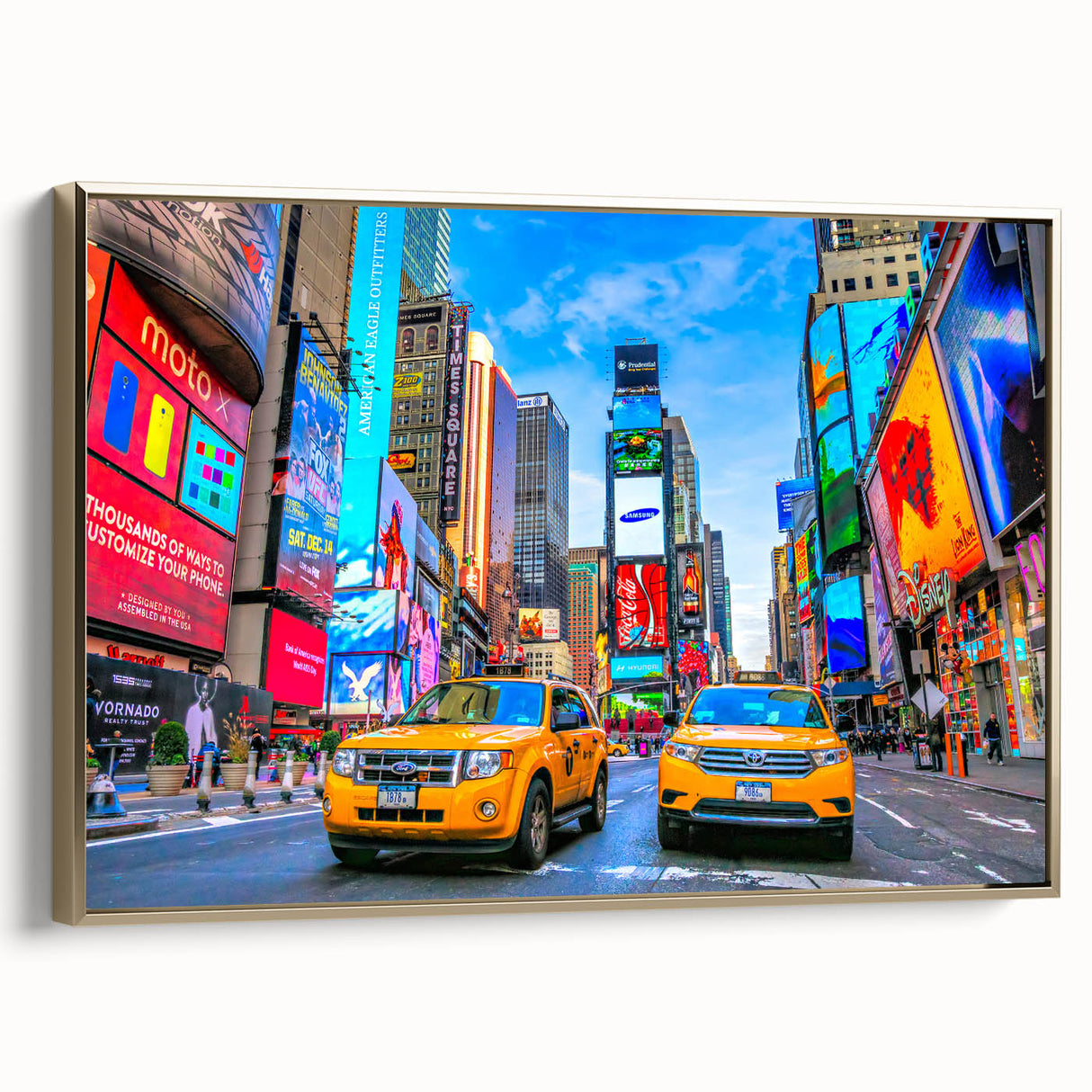 Vintage poster art of Times Square with muted gold and black tones on a framed canvas, ideal for bedroom wall decor.