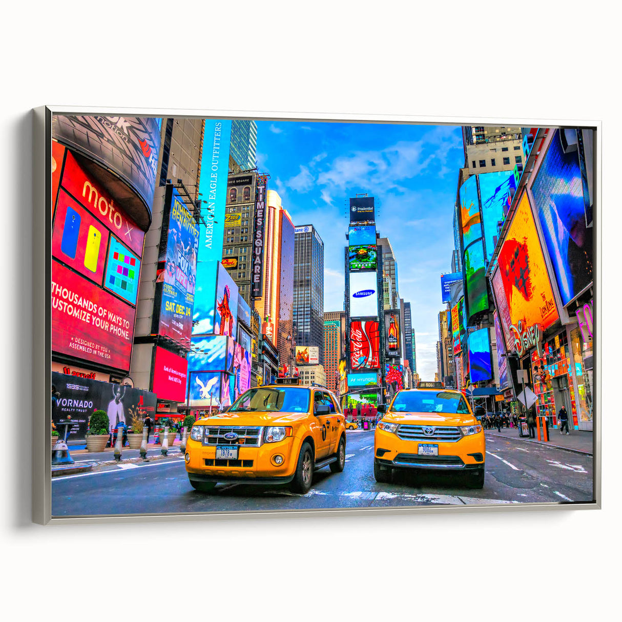 Landscape art painting of Times Square with colorful details on a black background, framed canvas.